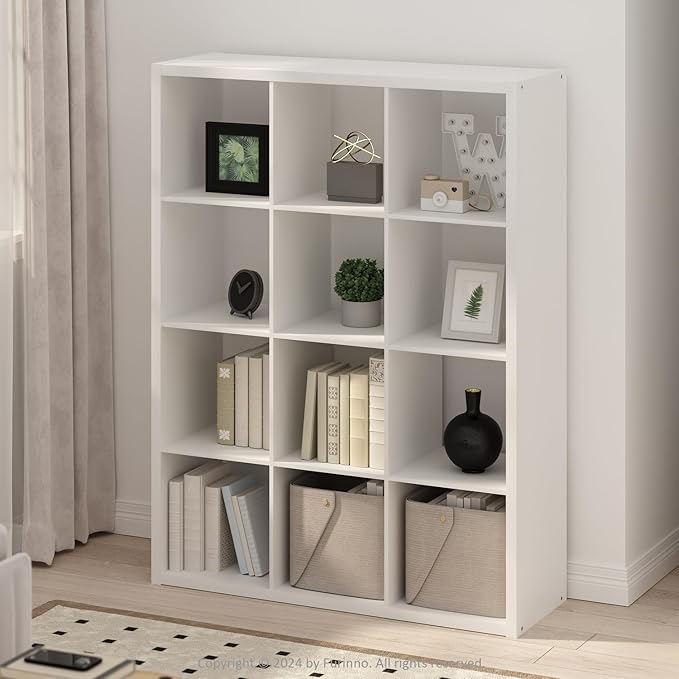 Furinno Simple Cube Storage Organizer, 12-Cube Display Shelf, Open Back Shelving Unit, Storage Shelves, Extra Thick Frame, fo