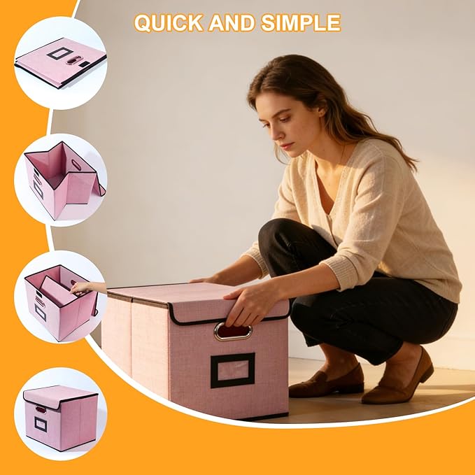 Large Square Storage Bin with Lid, Foldable Organizer Box with Handles & Label Design, for Office, Closet, Home, Documents, P