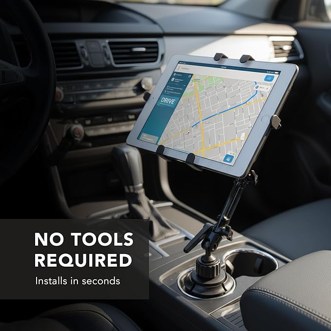 Mount-It! Premium Cup Holder Tablet Mount Fits Vehicle Cupholders 2.75"–3.5" in Diameter, Adjustable Tray for 7"–11" Tablets, Heavy-Duty Aluminum Arm, Full Motion Swivel & Secure Lock Cars Trucks SUVs