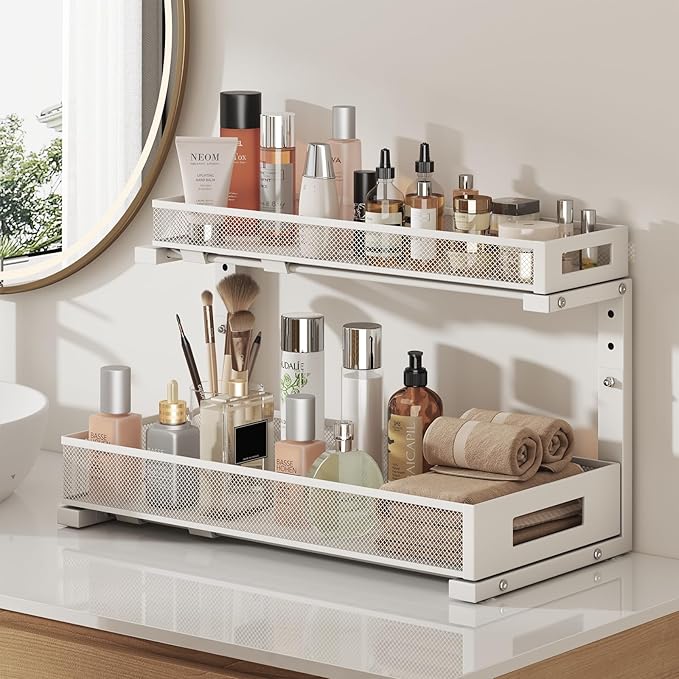 1 Pack 19IN Depth Under Sink Storage Organizer, Large 2-Tier Elegant Mesh Pull Out Shelf for Kitchen and Bathroom Cabinet Org