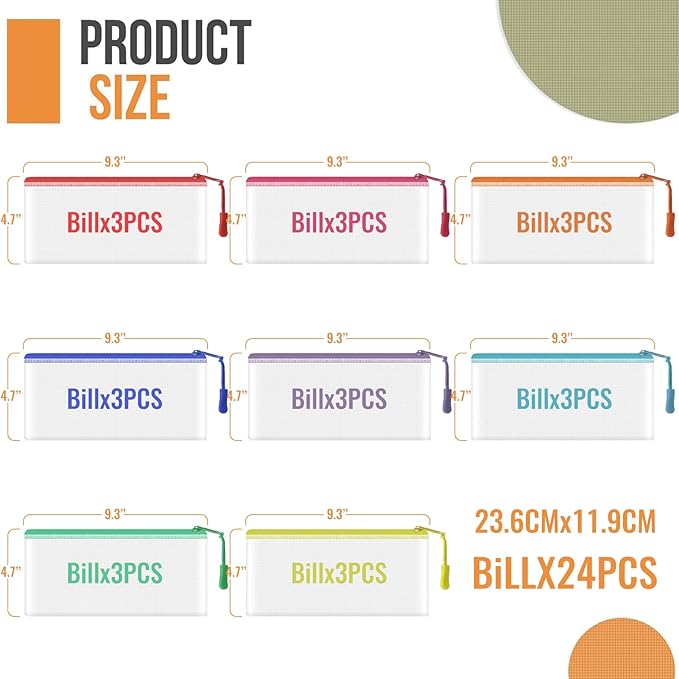 24pcs Mesh Zipper Pouch Bags 9.3 x 4.7 Inches, 8 Color Small Clear Pouches Bulk, Travel Cosmetics Organization, Classroom and