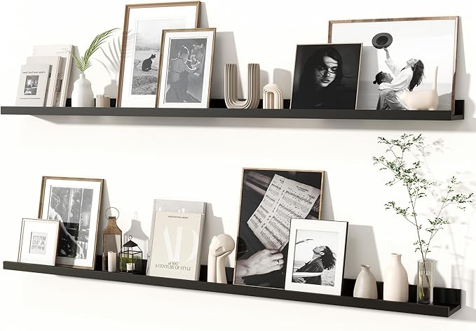 Fun Memories Picture Ledge Shelves Set of 2, 55 Inch Rustic Wall Mounted Floating Shelves with Lip for Home Storage and Décor