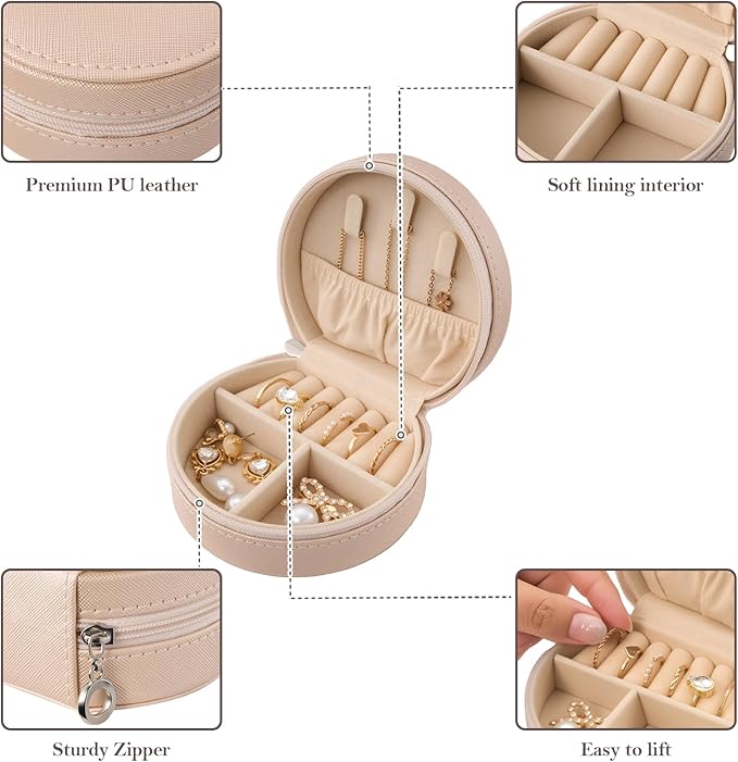 ProCase Travel Size Jewelry Box, Mini Portable Seashell-Shaped Jewelry Case, 2 Layer Organizer in PU Leather for Women -Champ