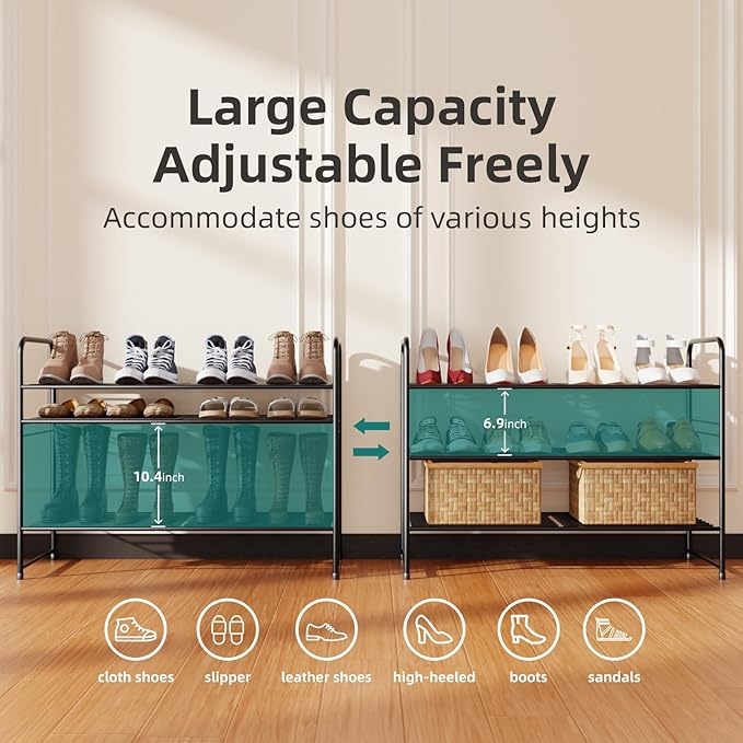 SUFAUY 3-Tier Shoe Rack, Closet Metal 33" Wide Shoe Rack Organizer Heavy Duty, Stackable, Black