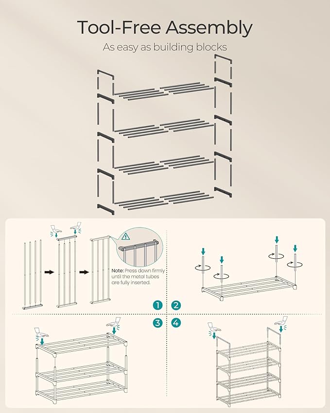 SONGMICS Shoe Rack, 4-Tier Shoe Organizer, Metal Storage Shelf, Upright or Upside Down, for 10-15 Pairs, Stackable, for Entry