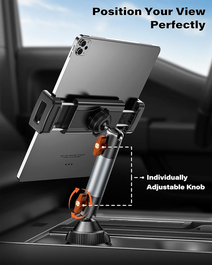 A2C Heavy-Duty iPad Holder for Car Cup Holder, 5.5" Stable & Adjustable Aluminum Alloy Arm, Tablet Mount for Car Truck Road Trip Essentials Compatible with 4.7"-13" Cell Phones & Tablets