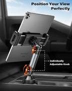 A2C Heavy-Duty iPad Holder for Car Cup Holder, 5.5" Stable & Adjustable Aluminum Alloy Arm, Tablet Mount for Car Truck Road Trip Essentials Compatible with 4.7"-13" Cell Phones & Tablets