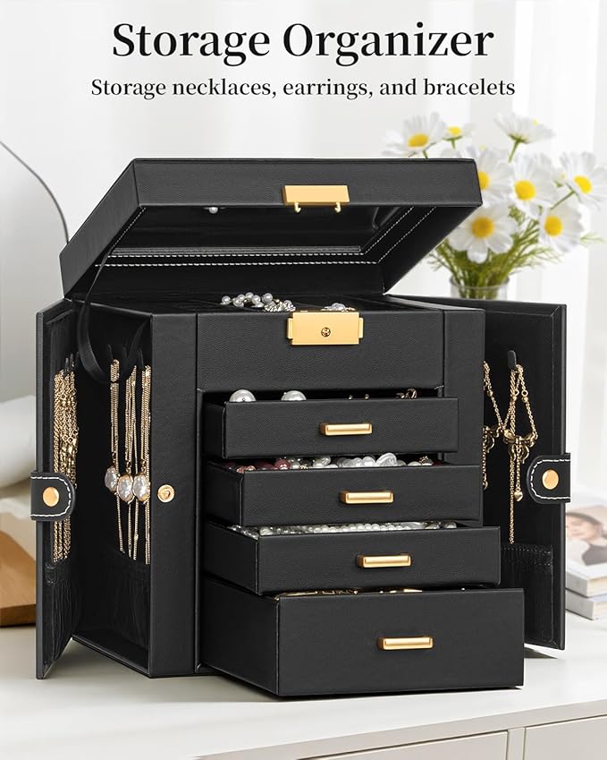 TORIBIO Jewelry Box for Women, Leather Jewelry Organizer with Mirror & Lock, 5-Tier Jewelry Storage Organizer with 4 Drawers 