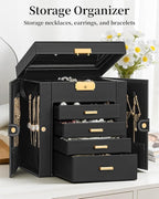 TORIBIO Jewelry Box for Women, Leather Jewelry Organizer with Mirror & Lock, 5-Tier Jewelry Storage Organizer with 4 Drawers 