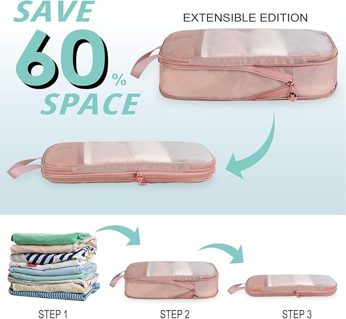 See Through Expandable Compression Packing Cubes, Mesh Travel Packing Cubes for Suitcases, Lightweight Organizers Bag Set for