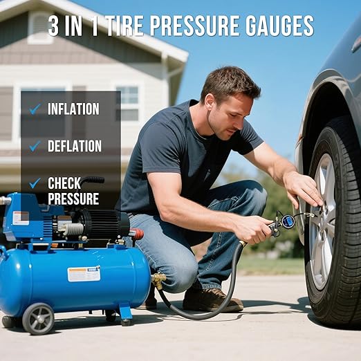Digital Tire Pressure Gauge with Inflator, Air Compressor Accessories with Air Chuck Quick Connect Coupler, Car Attachments with Rubber Hose for Car, Truck, SUV, Cycle, RV, 250 PSI