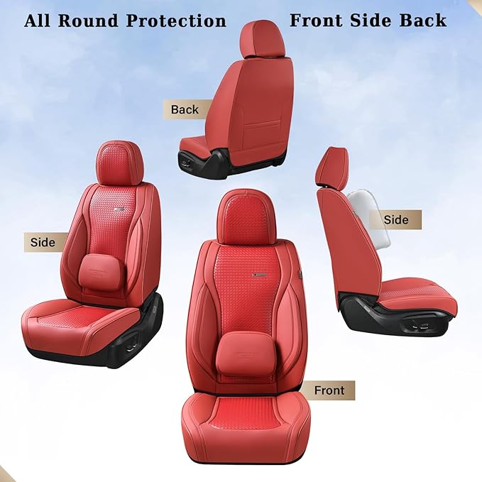 Coverado Seat Covers, Car Seat Covers Front Seats, Waterproof Nappa Leather Auto Seat Cover with Lumbar Head Pillow, Red Seat
