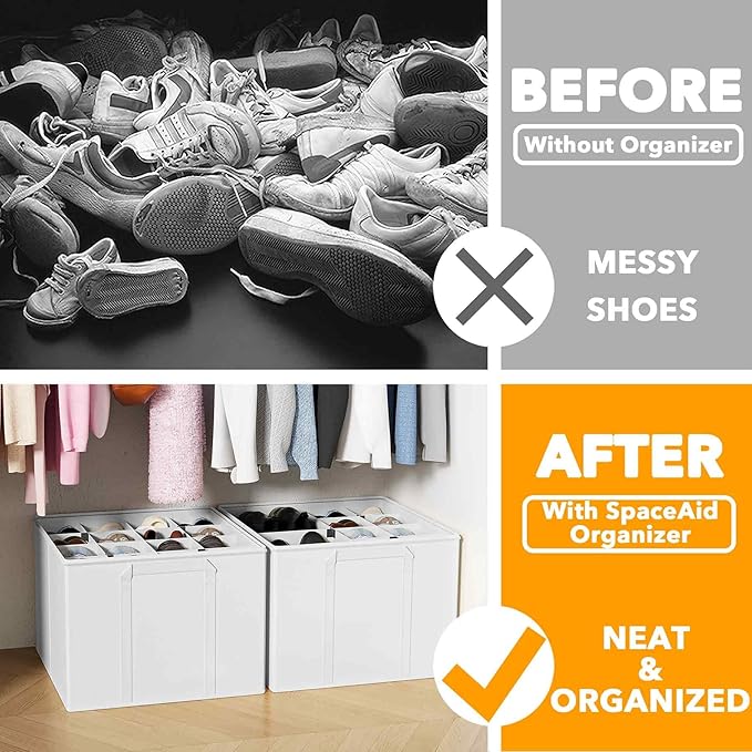 SpaceAid Shoe Organizer for Closet, 2 Pack Foldable Shoe Storage Containers Baskets Boxes Bins w/Adjustable Dividers, Fits 16