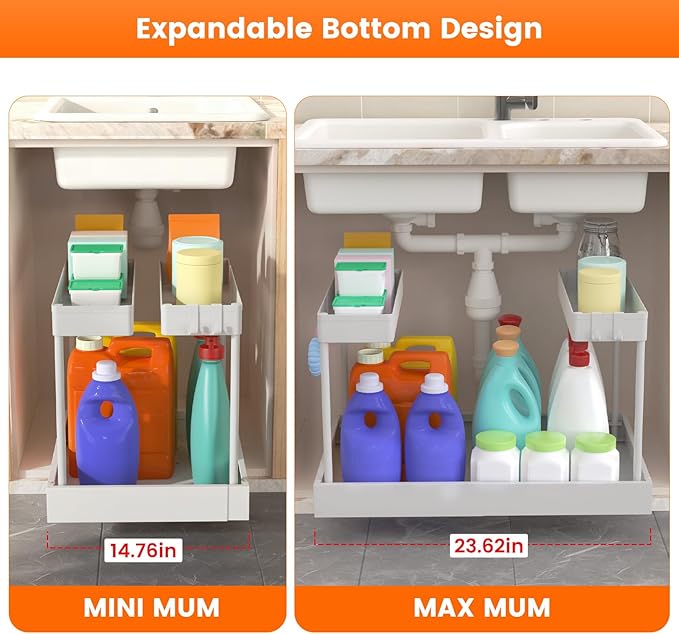 Expandable Under Sink Organizers and Storage,Width Adjustable (14.9-23.6IN),No Drill 2-Tier Pull Out Under Cabinet Organizer 