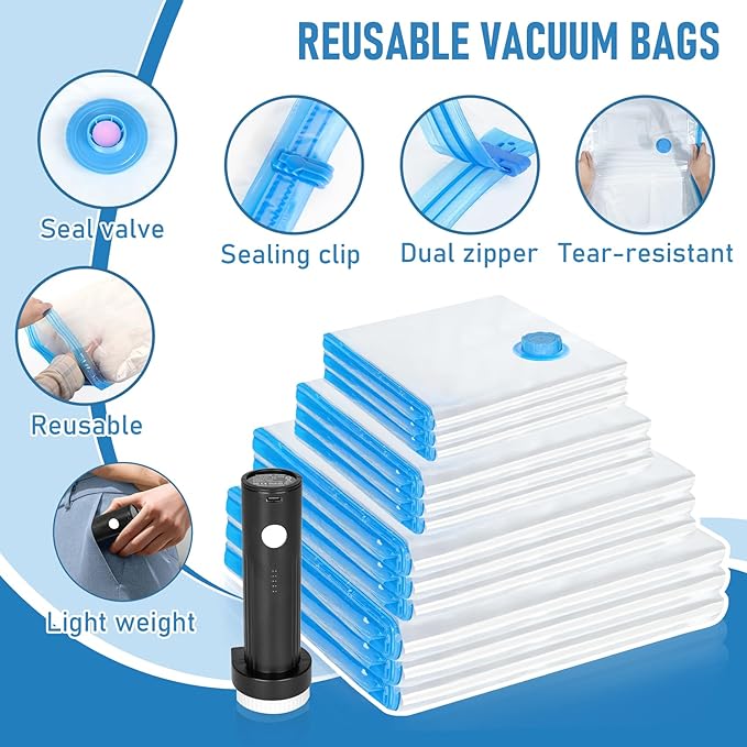 Vacuum Seal Bags for Clothing Travel with Rechargeable Air Pump, 12 Pack of 4 Carry-on Size Space Saver Vacuum Storage Bags, 