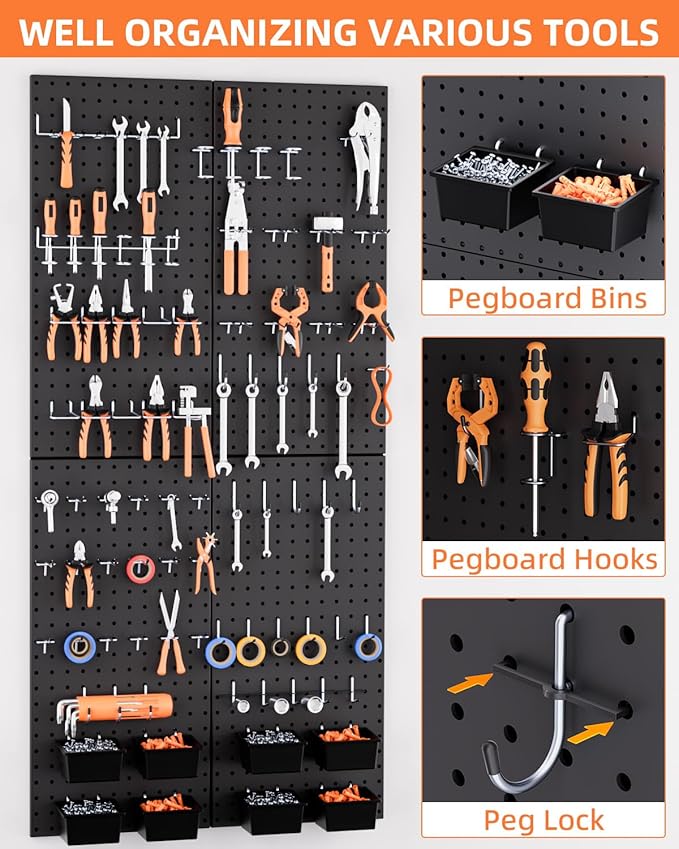 INCLY 158PCS Metal Pegboard Wall Organizer, 48x24 Inch Black Pegboard Panels Tool Organizer Kit with Accessories Hooks and Bi