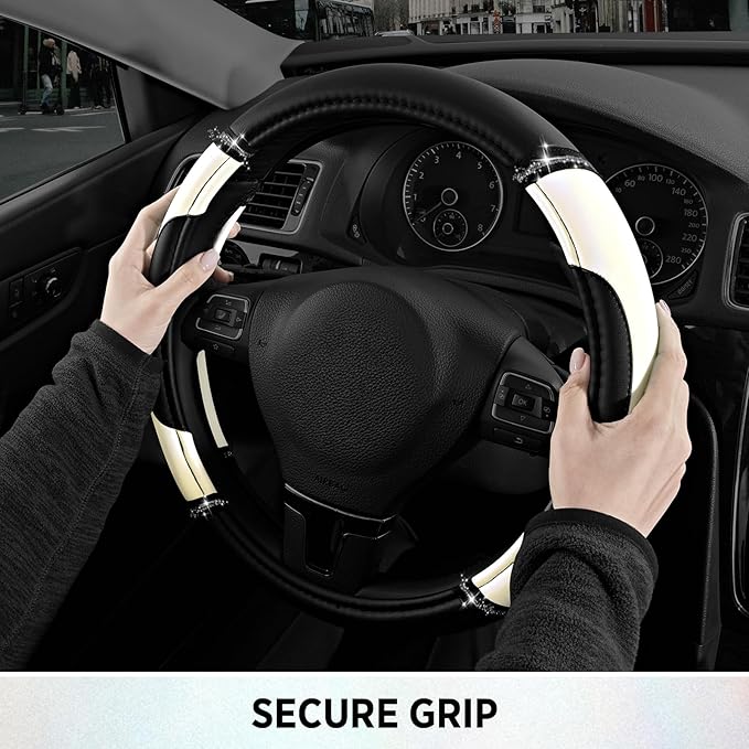 Road Comforts Leather Steering Wheel Cover - Made with PVC Leather - Anti-Slip, Universal Fit 14 1/2 inches to 15 inches - Wh