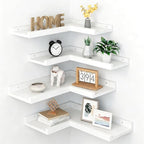 4-Tier White Corner Floating Shelves Wall Mounted - Floating Shelves with Lip, Solid Pine Wooden Corner Wall Shelf for Wall D