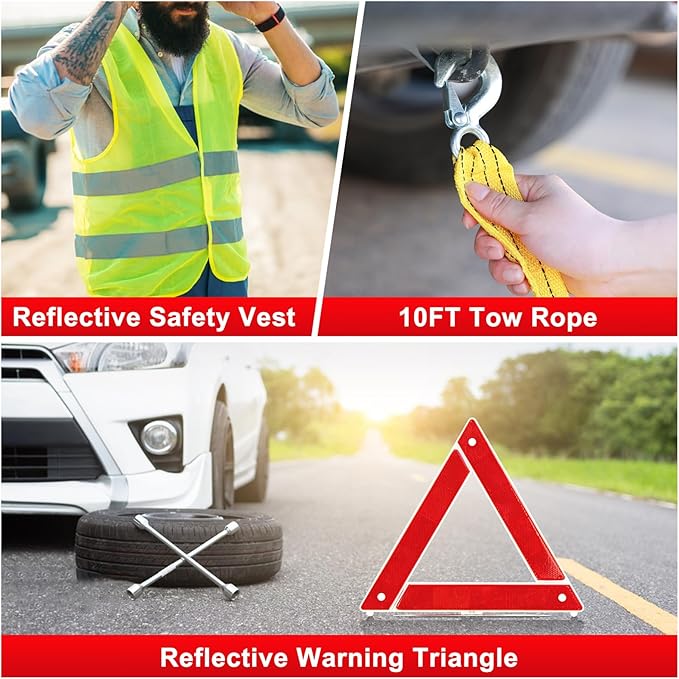 Car Roadside Emergency Kit - Car Emergency Kit with Jumper Cables, Tow Rope, Folding Shovel, Safety Hammer, Reflective Warnin