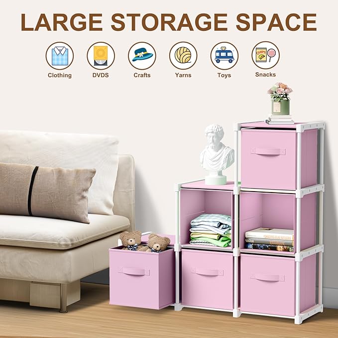 6 Cube Storage Organizer with Shelf Back to School Boxes 11 Inch Toy Storage Bins Closet Organizers Drawers Fabric Dresser fo
