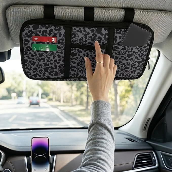 Black Leopard Print Car Sun Visor Organizer with Card Holder Sun Visor Organizer with Big Zipper Pocket Easy to Store Universal for Cars SUV