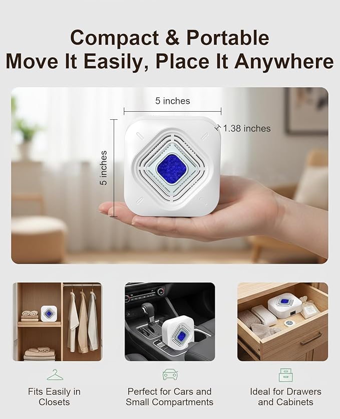 Dehumidifier for Bathroom with Color-Changing Beads, Rechargeable Small Dehumidifier for Closet, Portable Gun Safe
