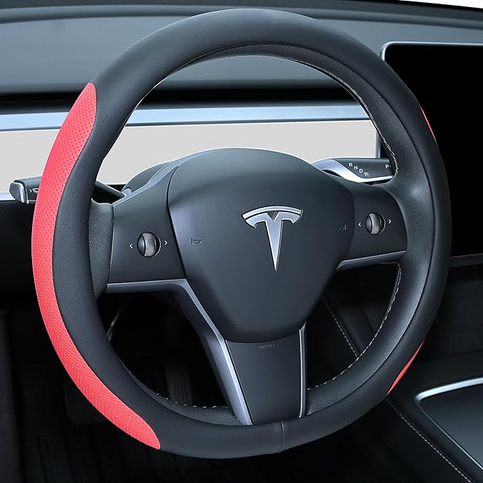 Nappa Leather Steering Wheel Cover for Tesla Model 3/Y 2016-2025 2026 Juniper/Highland, Non-Slip Breathable Tesla Model 3/Y Steering Wheel Protector, Red