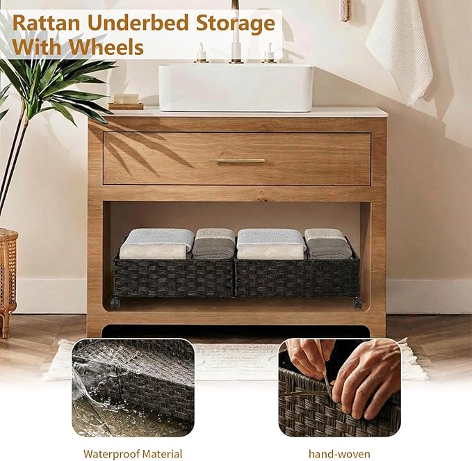 Under Bed Storage with Wheels, 40L Large Rolling Underbed Shoes Storage Boxs, Handwoven Rattan Under Bed Storage Organizer Dr
