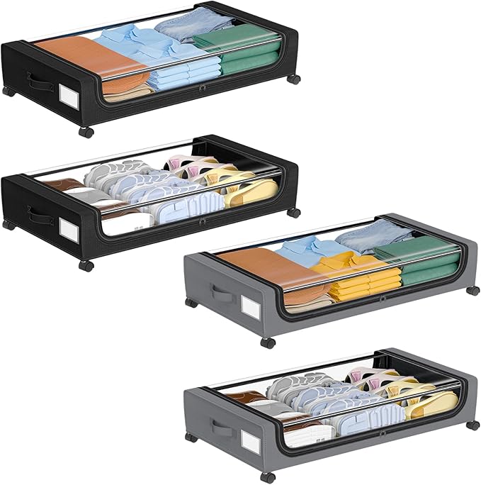 GoMaihe Under Bed Storage with Wheels: 4-Pack XXL 48L Underbed Storage Containers with Lids - Rolling Drawers for Shoes Cloth