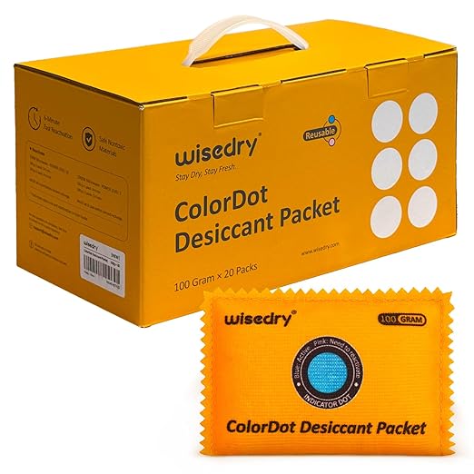 wisedry 100g [20 Packs] Rechargeable Desiccant Packs for Storage, Color Indicating Silica Gel Desiccant Packets, Reusable