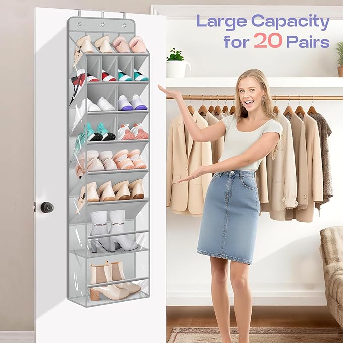MISSLO Clear Over the Door Shoe Organizer Large Deep Pockets Hanging Shoe Rack for Closet Fit 20 Pairs Shoe Holder for Sneake