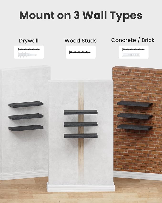 AMADA HOMEFURNISHING Floating Shelves Black, Wall Shelves with Invisible Brackets for Bedroom, Bathroom, Living Room, Kitchen
