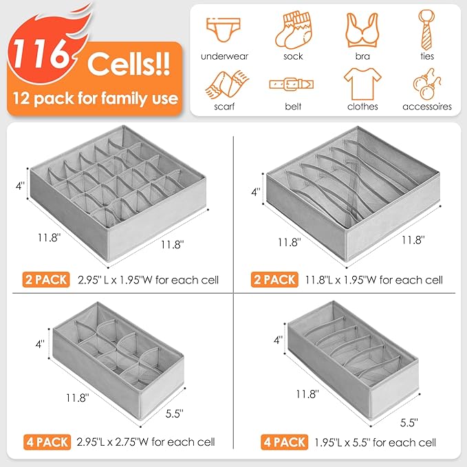 Criusia 12 Pack Sock Underwear Drawer Organizer Dividers, 116 Cells Fabric Foldable Dresser Closet Organizers and Storage Bin