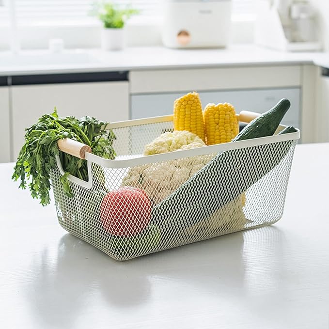 AJIODA Metal Mesh Steel Basket, Large Wire Storage Organizer Basket Multi-function Hanging Kitchen Baskets with Wood Handle f