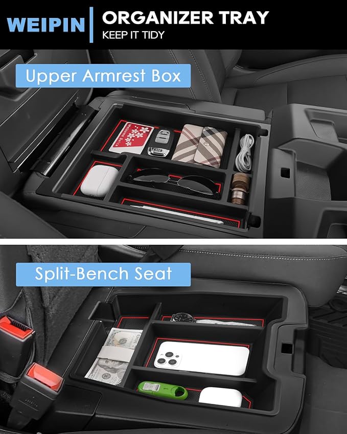 Silverado Sierra Center Console Organizer - Compatible with 2019-2026 Chevy Silverado/GMC Sierra 1500 - 2020-2026 Chevrolet Silverado/ Sierra 2500HD 3500HD - (Split-Bench Folding Seat) - 2 Pack Red