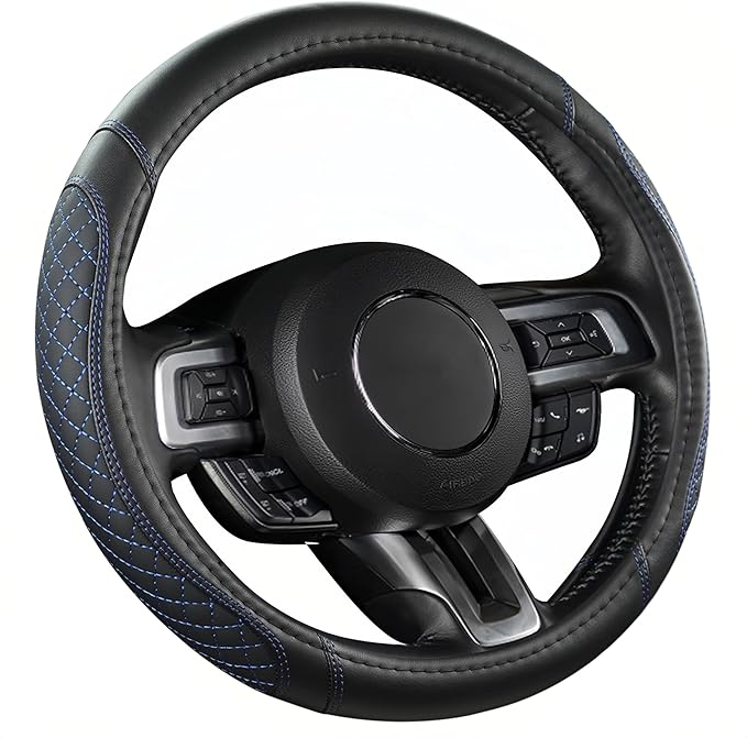 West Llama Car Steering Wheel Cover for Ford Escape,Explorer,Fusion,Focus,Bronco,Transit,Edge(Diamond Quilted - Black+Blue- S