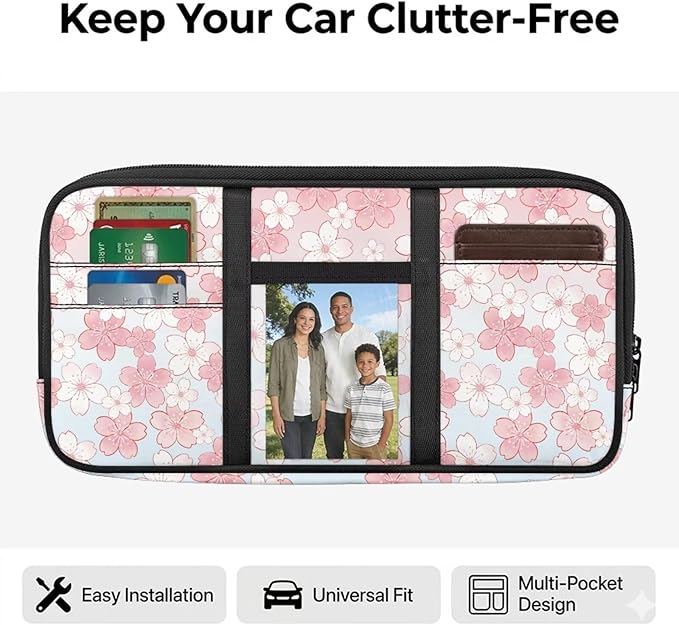 Sun Visor Organizer for Trucks,Cherry Blossom Design Scratch-Resistant Car Sun Visor Storage Bag Auto Sunshade Organizer Bag with Zipper