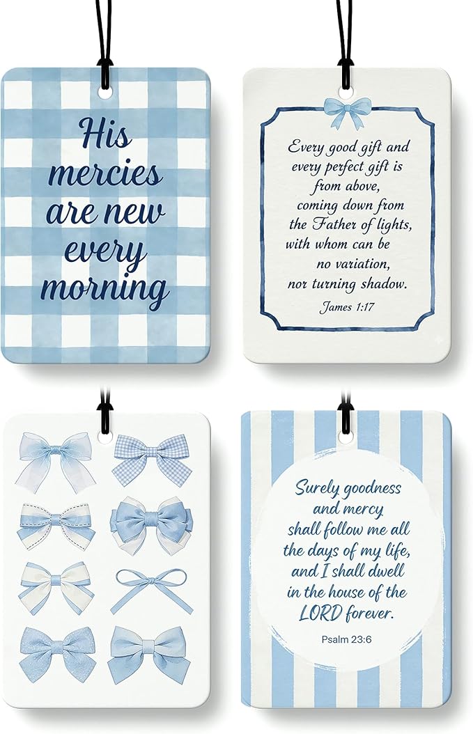 Preppy Blue Christian Air Freshener 4 Pcs, Coquette Blue Bow Religious Bible Verse Hanging Air Freshener for Cars Closet Draw