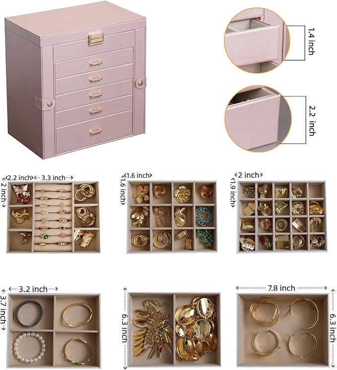 BOOVO Jewelry Box For women, 6 Layer Large Jewelry Organizer With Mirror, Multi-Function Storage Box With Lock, Necklace Hold