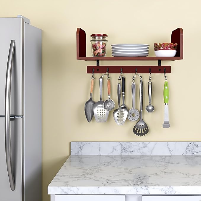 Selling at a Loss Promotion,Wooden Shelf with Hooks - Multipurpose Organizer for Kitchen, Books, Kitchen Shelf - Wall Mounted