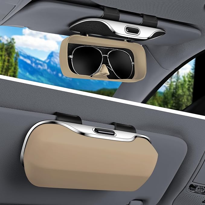 Sunglass Holder for Car Visor Clip, Car Visor Glasses Case, Vehicle Visor Accessories Organizer Box, Car Sunglass Holder Suitable for Truck, SUV and Sedan to Place Glasses (Beige)