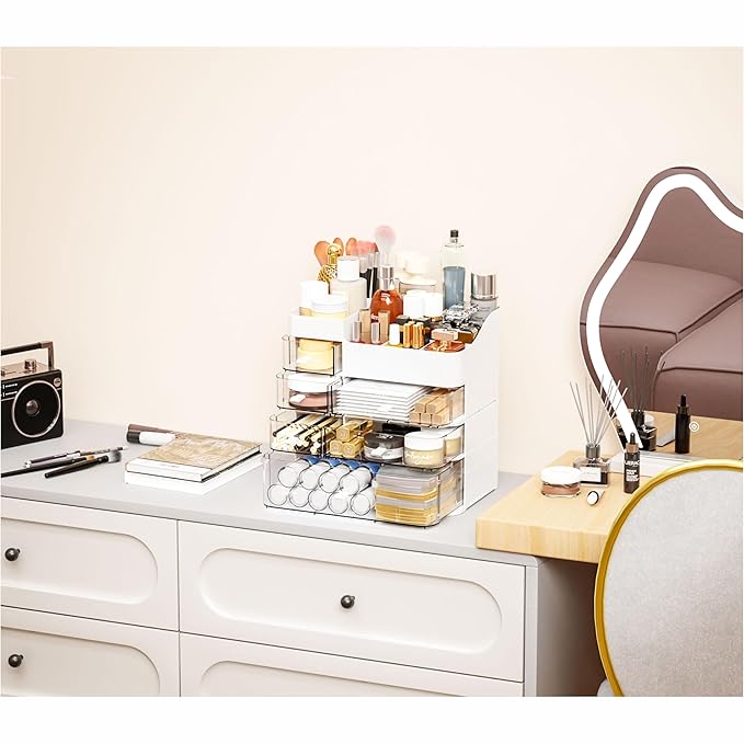 White Countertop Makeup Organizer with 6 Drawers,Large Capacity Skincare Organizers for Vanity,Desk,Dresser,Plastic Bathroom 
