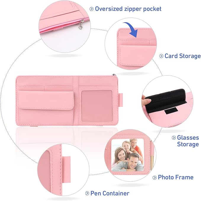 Car Visor Organizer for Auto Interior Accessories - Sunvisor Organizers with Glasses Holder and Picture Frame, Cute Visor Accessories for Women, Car Essentials for Truck You Must Have - Pink