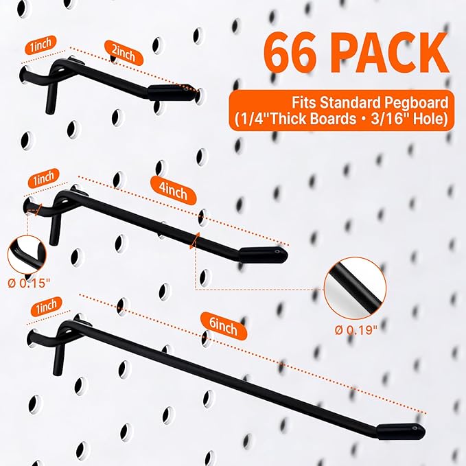 66 Piece Heavy Duty Pegboard Hooks Set,2/4/6 Inch Organizer Kit for Garage & Workshop – Fits 3/16″ Holes on 1/4″ Thick Boards
