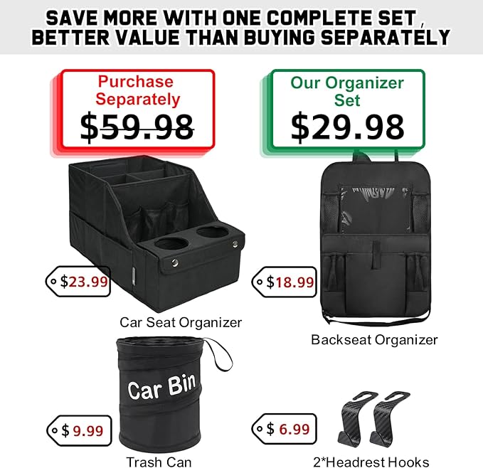Car Organizer and Storage 5-in-1 Set with Front Seat Organizer, Backseat Organizer, Car Trash Can & 2 Headrest Hooks, Universal Car Storage Accessories for SUV Truck & Sedan Vehicle