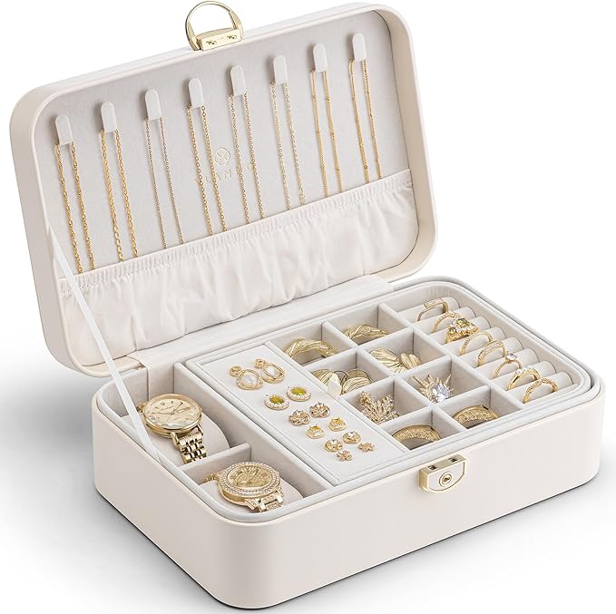 Vlando 2 Layer Jewelry Box,Jewelry Organizer Storage Lockable Earring Organizer Removable Jewelry Tray with Watch Pillow for 