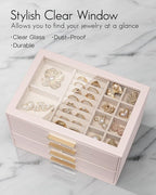 Vlando 4 Layer Jewelry Box for Women, Glass Lid Jewelry Organizer with 4 Drawers for Necklaces Rings Earrings Bracelets - Lig