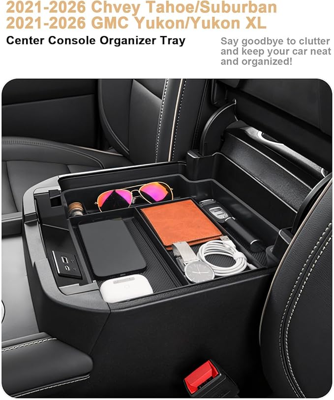ECOZEN Center Console Organizer For 2021-2026 Chevy Tahoe/Suburban & GMC Yukon/Yukon XL - Armrest Organizer Tray For 2021-2026 Tahoe/Suburban/Yukon Accessories - Not Fit For Power-Sliding Console