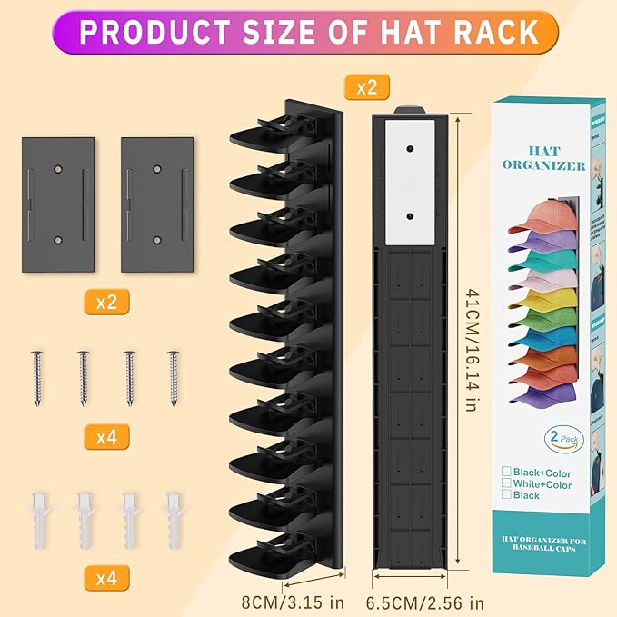 Volnamal Hat Organizer for Baseball Caps, 2 Pack Hold Up to 40 Hats, Hat Rack for Wall Space Saving, Hat Hanger w/Strong Adhe