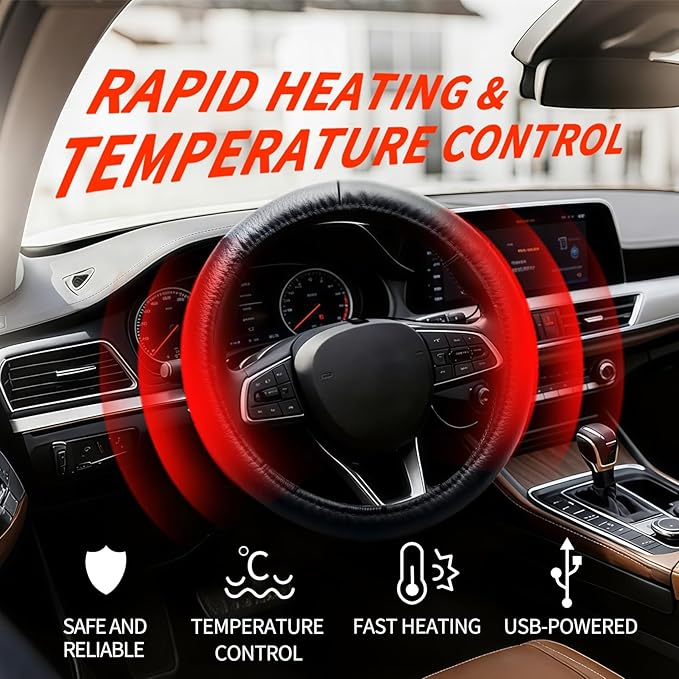 Heated Steering Wheel Cover - 2025 New USB 14.5-15.5" Car Steering Wheel Cover Warmer, Rapid Heating Universal fit for Vehicles, Trucks, SUVs Black 14.5-15in